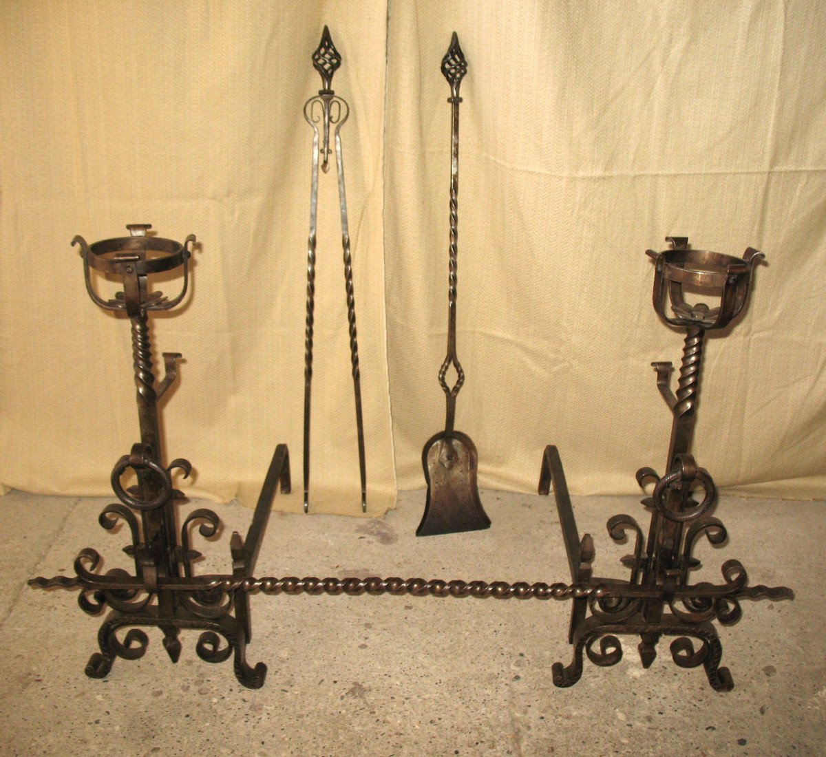 Pair Of Wrought Iron Andiron Landiers Complete With Tweezer Shovel And Bar, 20th Century