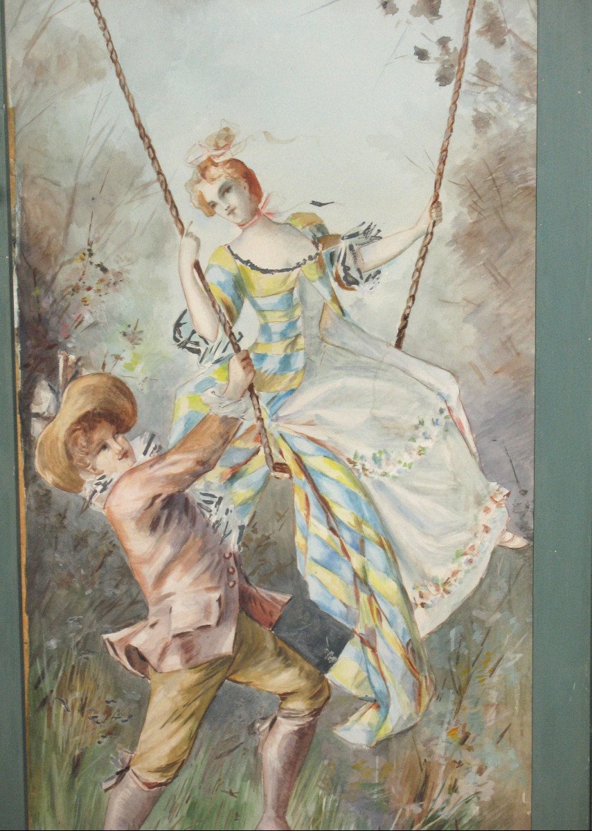 Petit paravent à 3 feuilles avec scènes de genre aquarellées de style Louis XV époque 20ème-photo-4