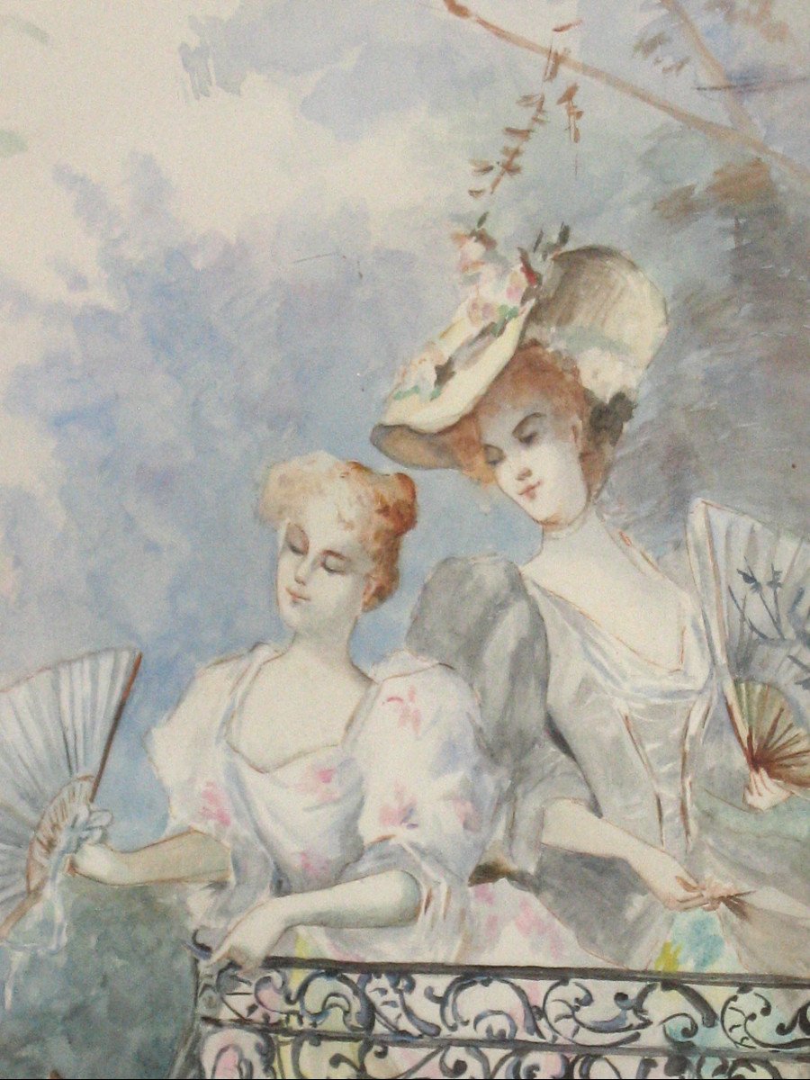 Petit paravent à 3 feuilles avec scènes de genre aquarellées de style Louis XV époque 20ème-photo-2