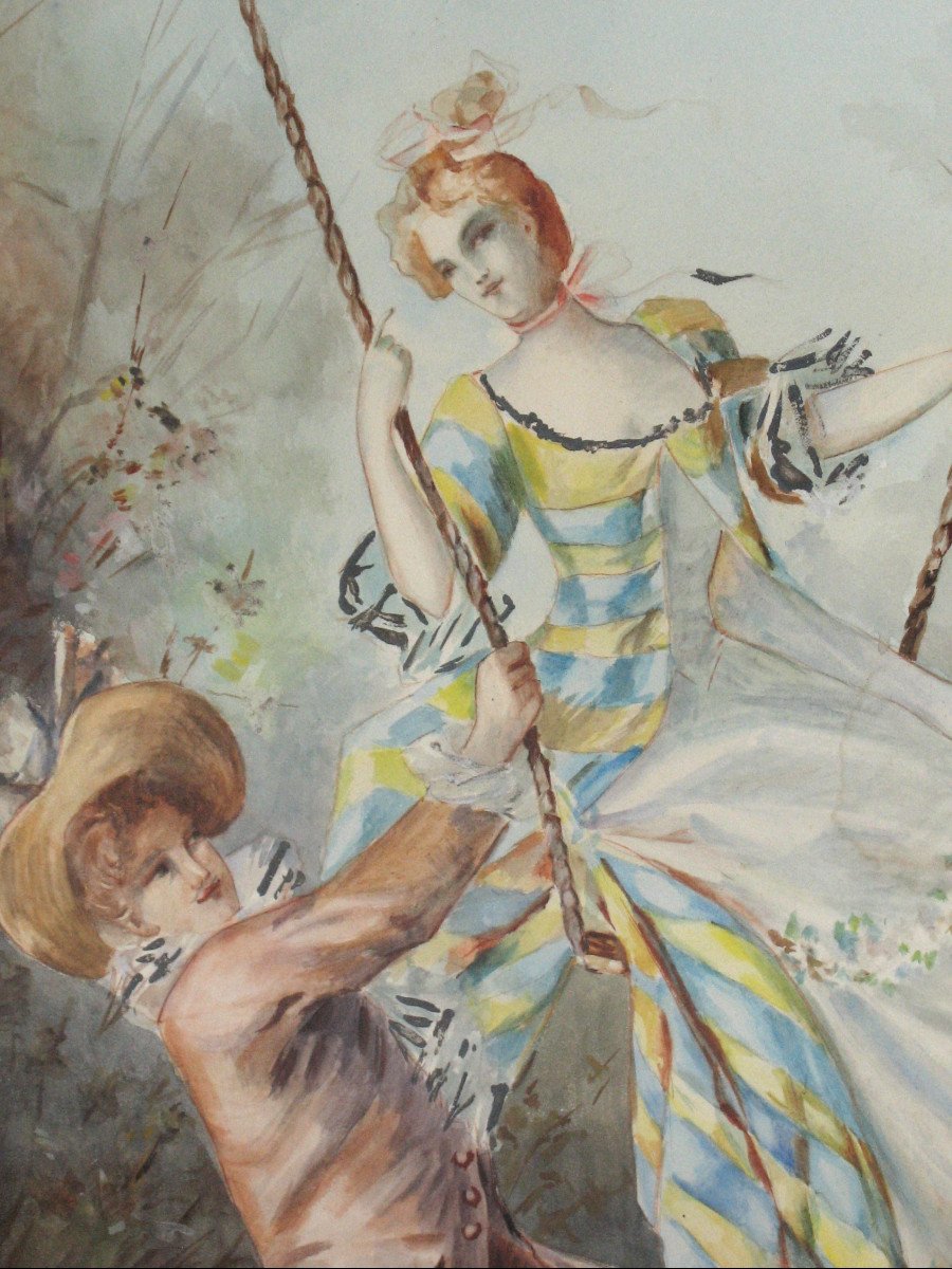 Petit paravent à 3 feuilles avec scènes de genre aquarellées de style Louis XV époque 20ème-photo-5