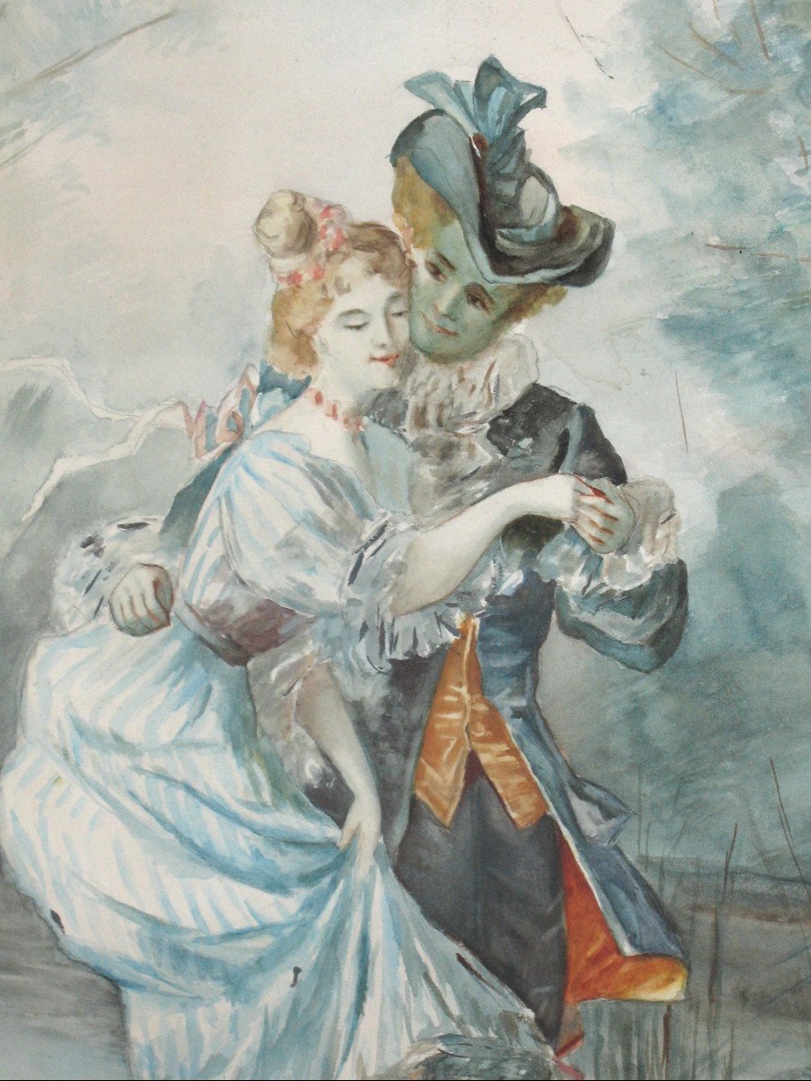 Petit paravent à 3 feuilles avec scènes de genre aquarellées de style Louis XV époque 20ème-photo-6
