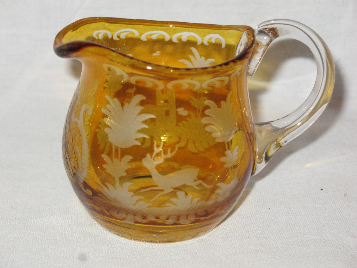 Finger Rinse And Pitcher In Amber Bohemian Glass Engraved With Animal Decorations, 19th Century-photo-4