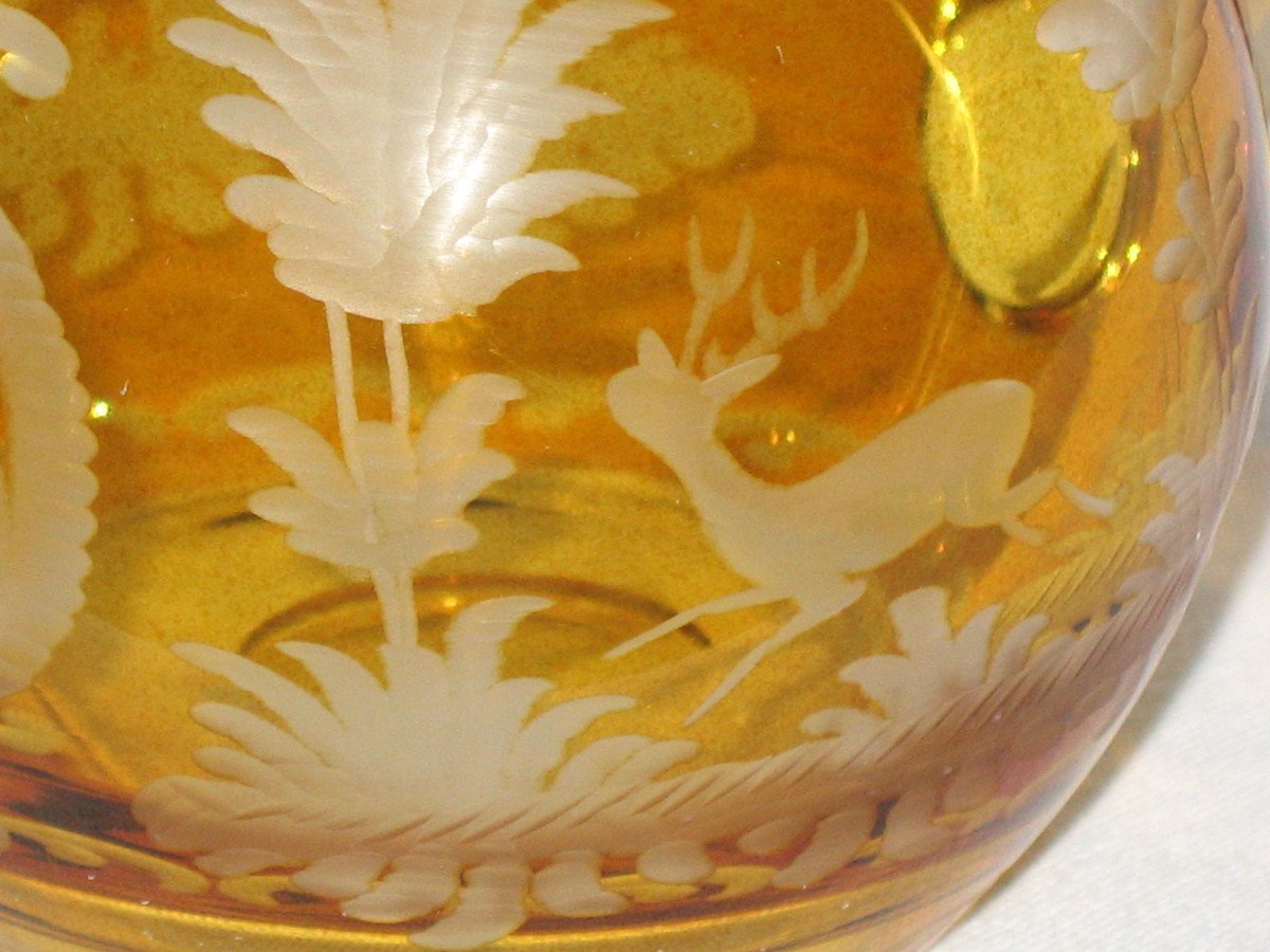Finger Rinse And Pitcher In Amber Bohemian Glass Engraved With Animal Decorations, 19th Century-photo-2