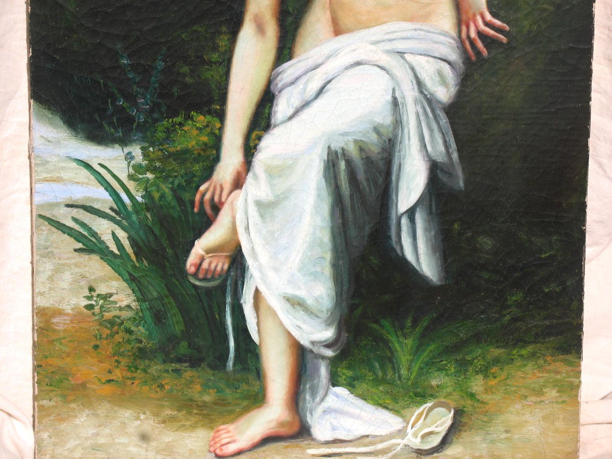 Tableau portrait de nu féminin huile sur toile signée époque 19ème-photo-3