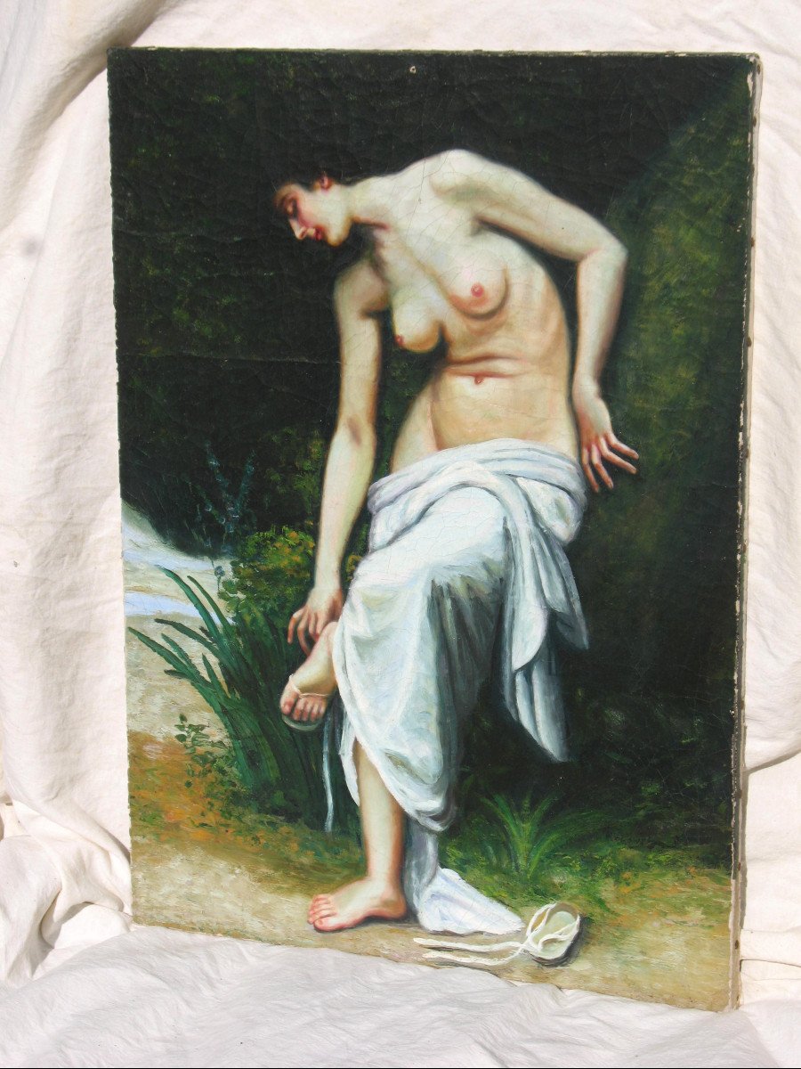 Tableau portrait de nu féminin huile sur toile signée époque 19ème-photo-2