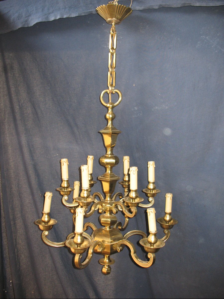 Bronze Chandelier With 12 Arms Of Light, Louis XIV Style, Mid-20th Century-photo-2