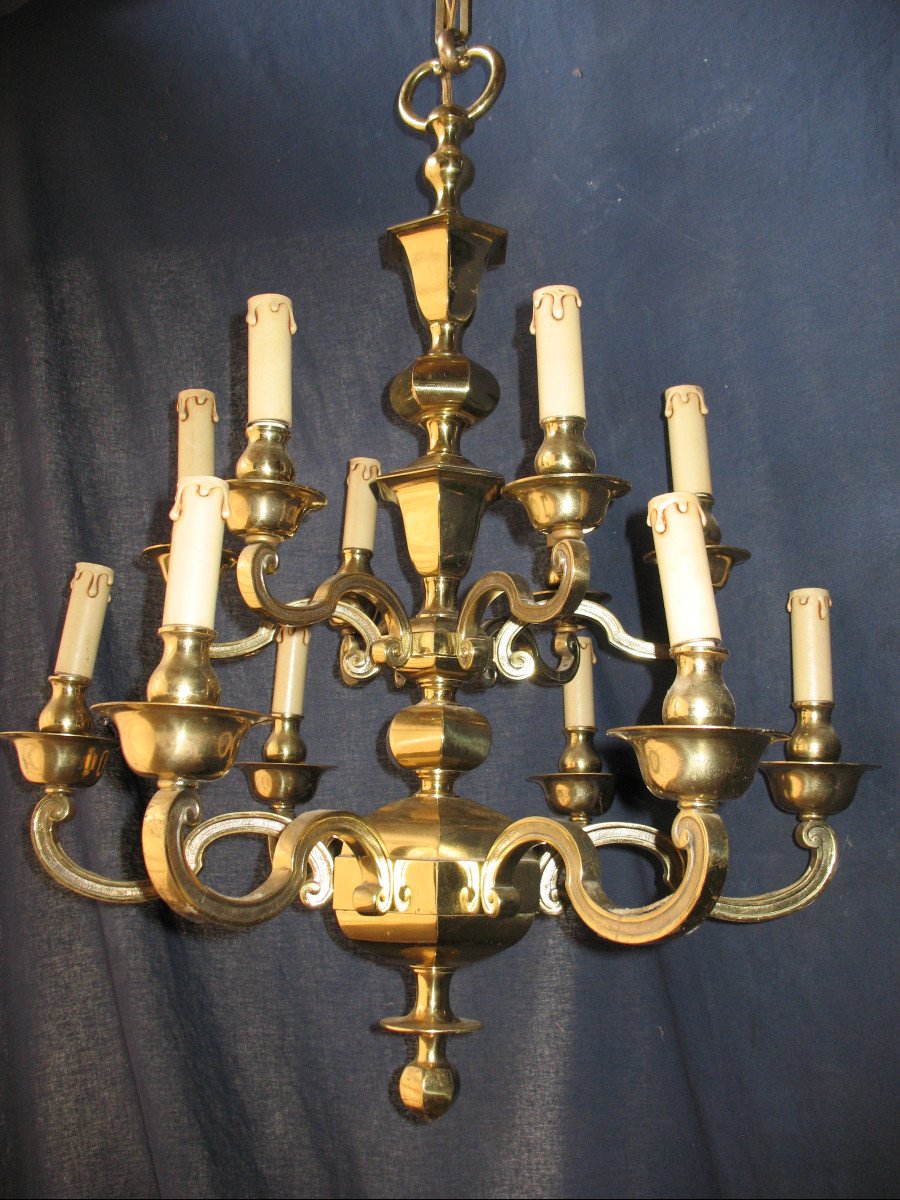 Bronze Chandelier With 12 Arms Of Light, Louis XIV Style, Mid-20th Century-photo-4