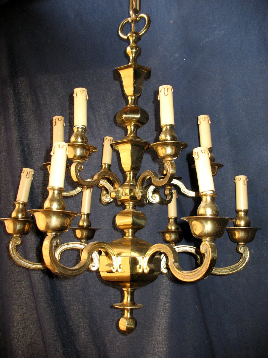 Bronze Chandelier With 12 Arms Of Light, Louis XIV Style, Mid-20th Century