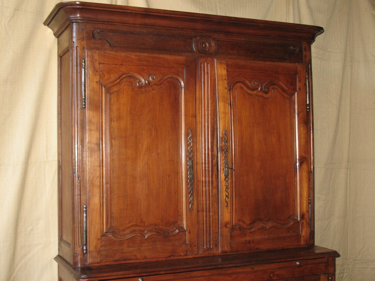 Two-body Charentes Sideboard In Solid Cherry, Late 18th Century, Louis XV Style-photo-3