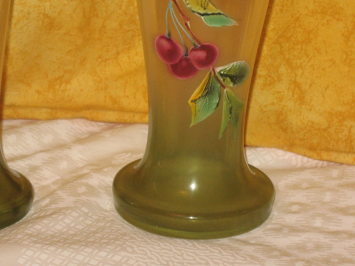 Pair Of Enameled Glass Vases Decorated With Cherries, Early 20th Century-photo-1
