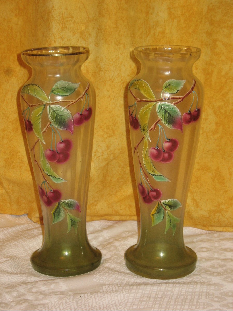 Pair Of Enameled Glass Vases Decorated With Cherries, Early 20th Century-photo-5