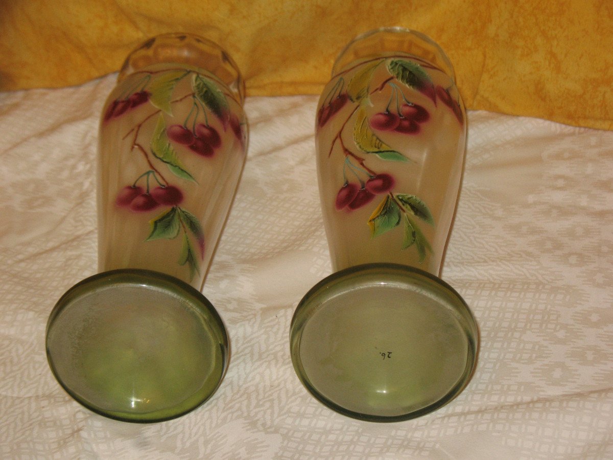 Pair Of Enameled Glass Vases Decorated With Cherries, Early 20th Century-photo-6