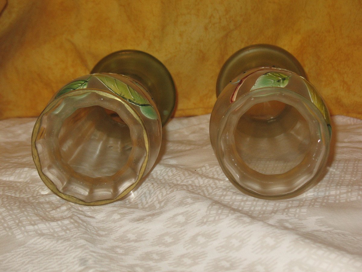 Pair Of Enameled Glass Vases Decorated With Cherries, Early 20th Century-photo-8