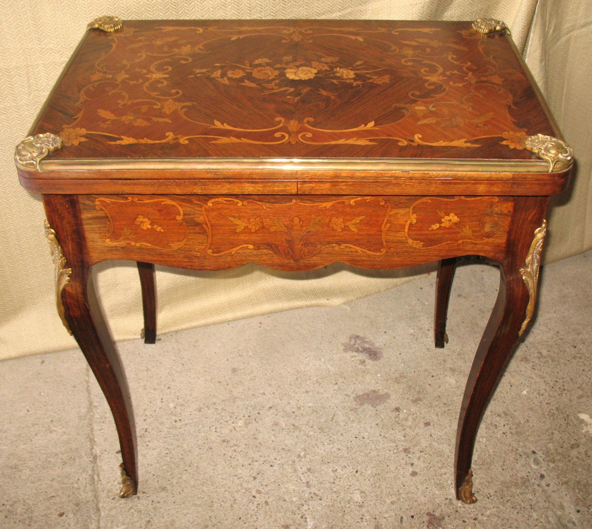 Games Table In Marquetry And Gilded Bronze, Louis XV Style, Late 19th Century