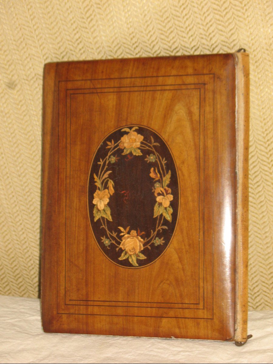 Porte documents de notaire en marqueterie et bois de rose à décor floral époque 19ème-photo-4