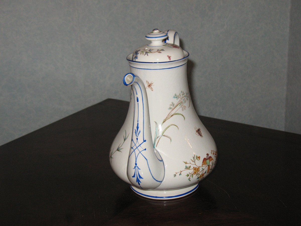 Coffee Pot In Fine Bordeaux Earthenware, Nella Decor With Bird And Flowers, Jules Vieillard Period-photo-3