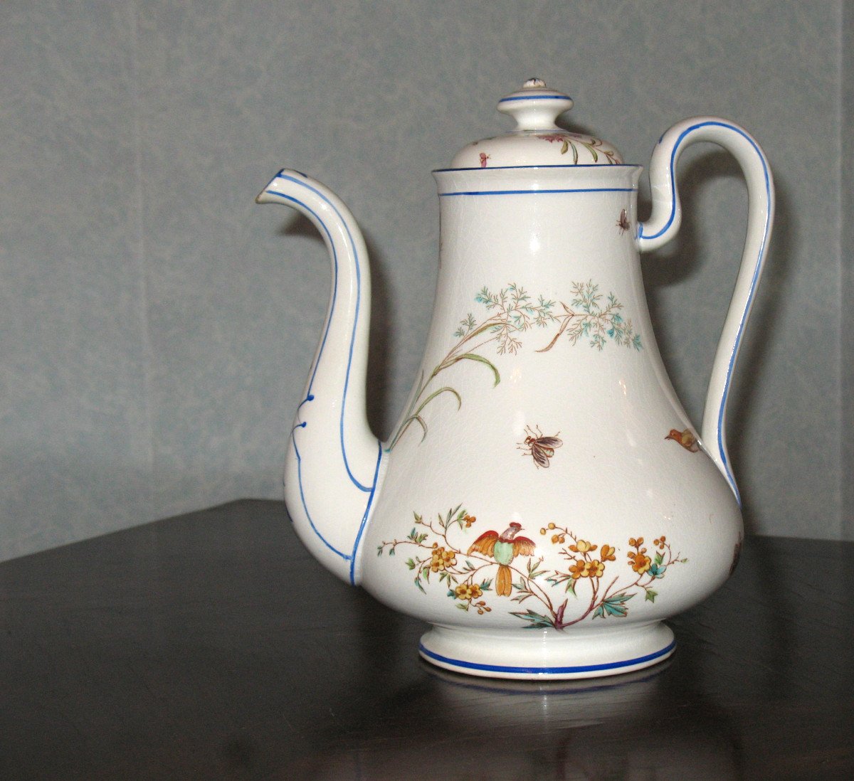 Coffee Pot In Fine Bordeaux Earthenware, Nella Decor With Bird And Flowers, Jules Vieillard Period-photo-4