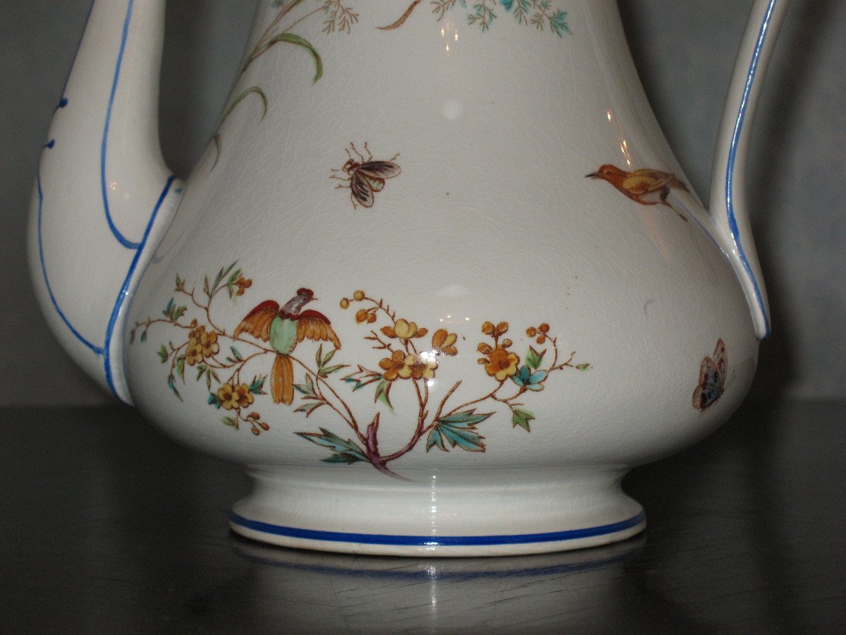 Coffee Pot In Fine Bordeaux Earthenware, Nella Decor With Bird And Flowers, Jules Vieillard Period-photo-2