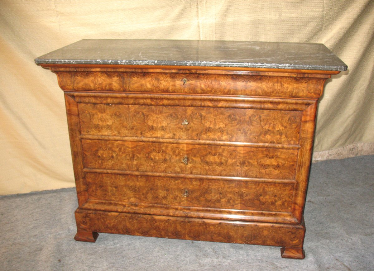 Restoration Period Chest Of Drawers In Walnut And Burr Walnut With 5 Drawers, 19th Century
