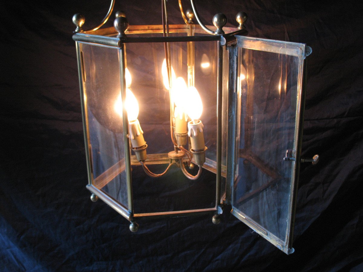 Lanterne  exagonale à 3 lumières en bronze et laiton de style Louis XIV époque début 20ème-photo-3