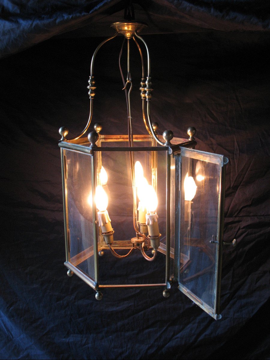 Lanterne  exagonale à 3 lumières en bronze et laiton de style Louis XIV époque début 20ème-photo-4