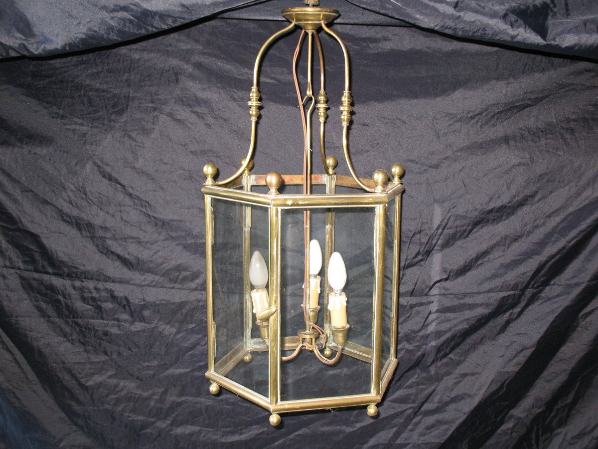 Lanterne  exagonale à 3 lumières en bronze et laiton de style Louis XIV époque début 20ème-photo-1