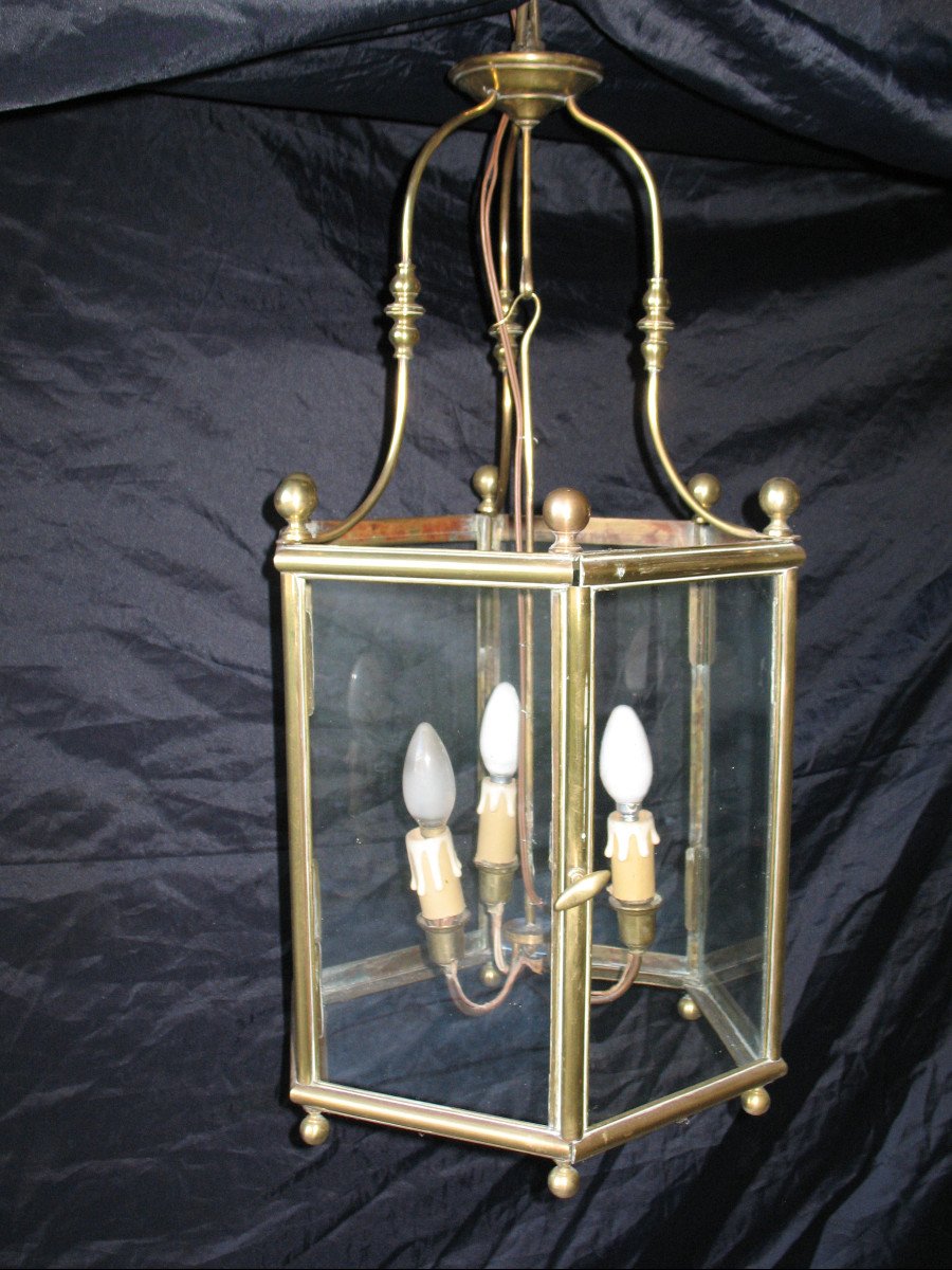 Lanterne  exagonale à 3 lumières en bronze et laiton de style Louis XIV époque début 20ème-photo-2