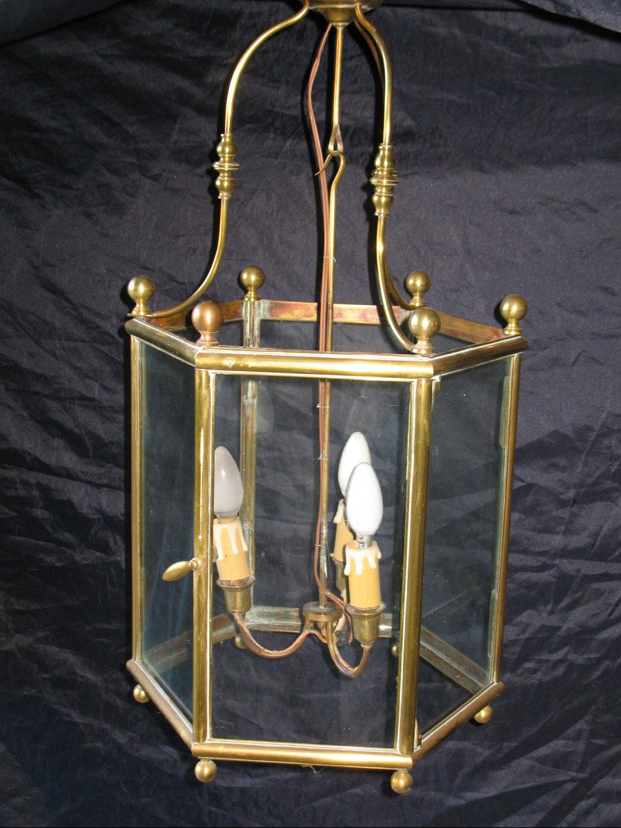 Lanterne  exagonale à 3 lumières en bronze et laiton de style Louis XIV époque début 20ème-photo-5