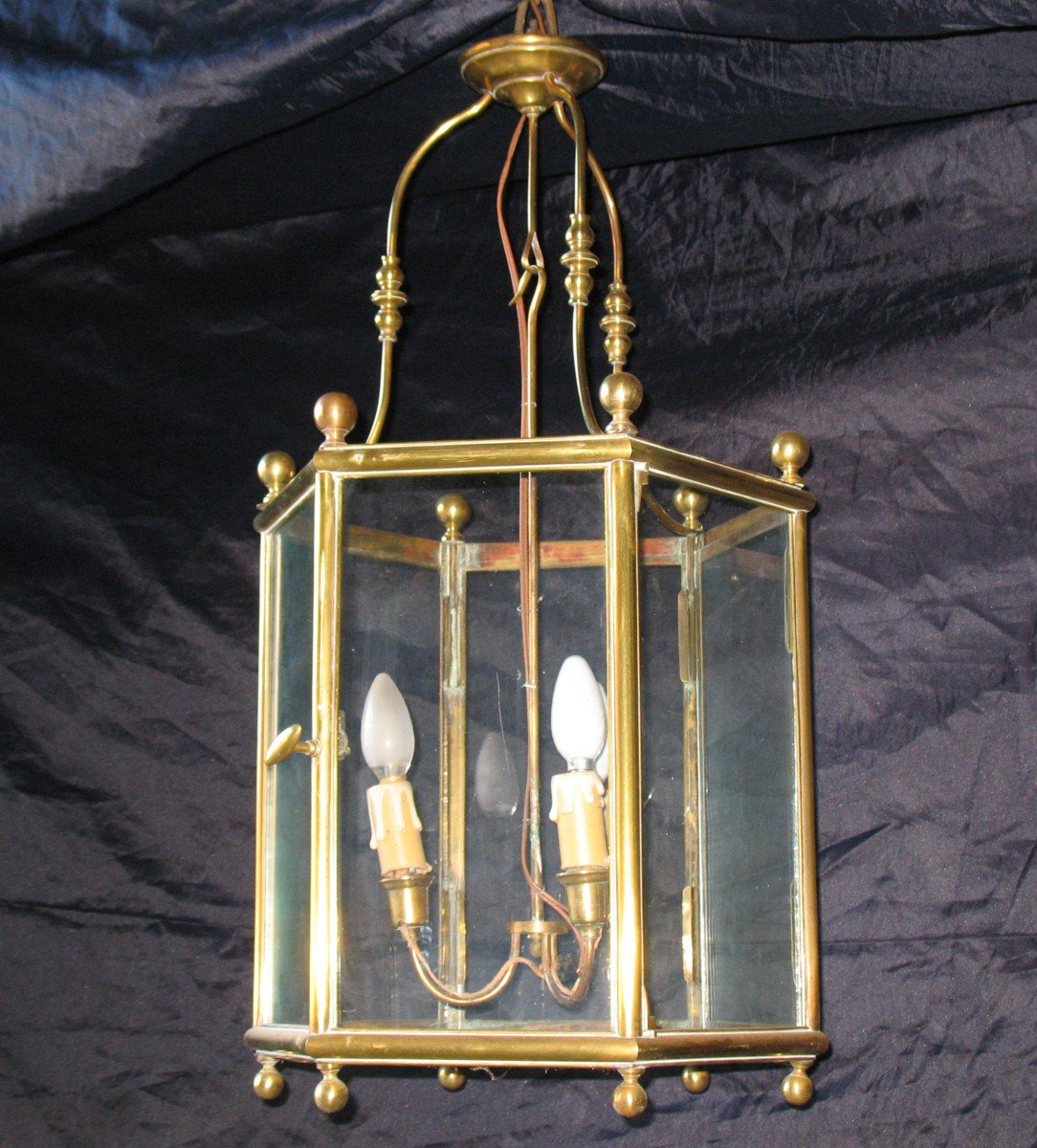 Lanterne  exagonale à 3 lumières en bronze et laiton de style Louis XIV époque début 20ème-photo-7