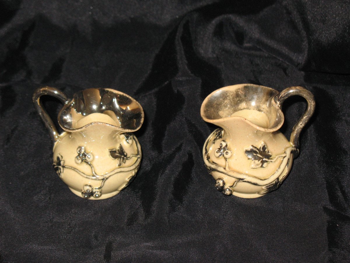 Pair Of Langeais Earthenware Dinette Pitchers Decorated With Berries, 19th Century-photo-2