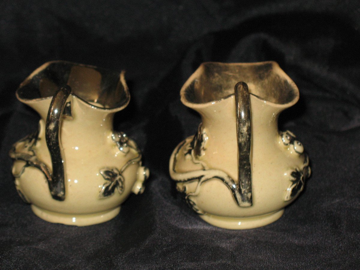 Pair Of Langeais Earthenware Dinette Pitchers Decorated With Berries, 19th Century-photo-2