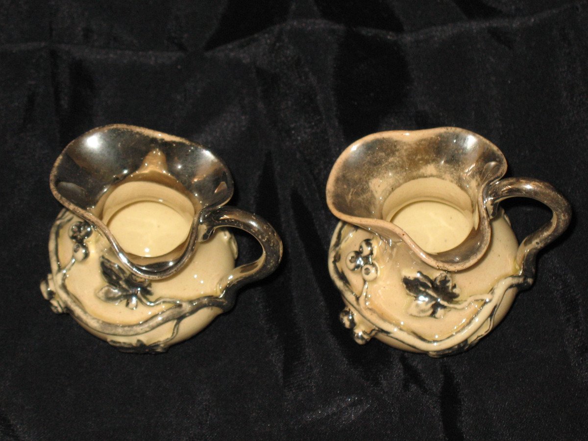 Pair Of Langeais Earthenware Dinette Pitchers Decorated With Berries, 19th Century-photo-5