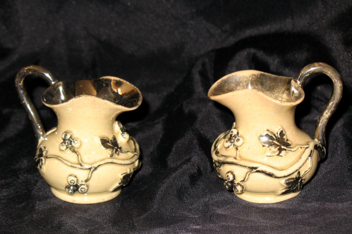 Pair Of Langeais Earthenware Dinette Pitchers Decorated With Berries, 19th Century