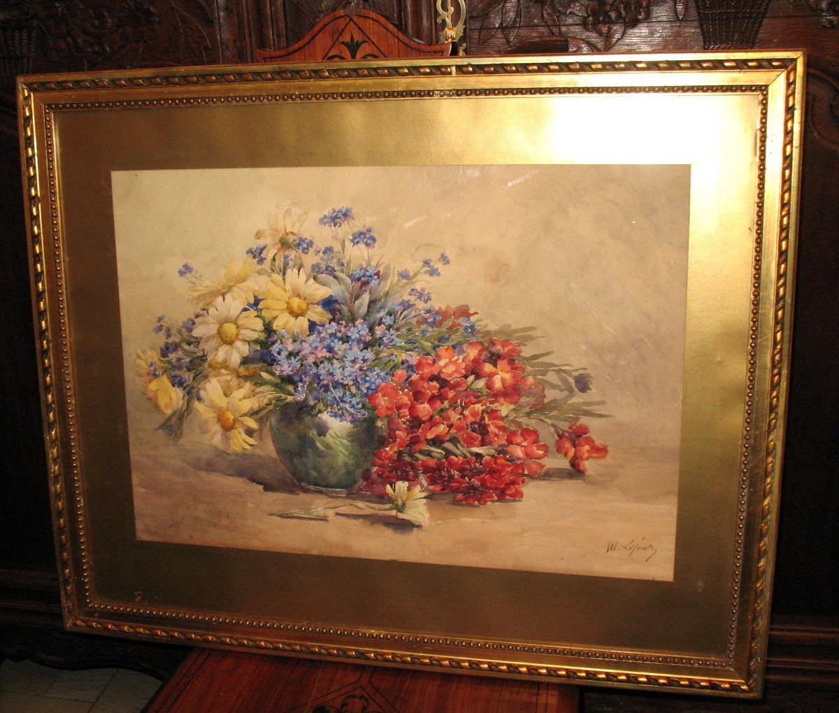 Watercolor Bouquet Of Flowers In A Vase Signed By M. Lejour, 19th Century D: 71 X 57 Cm-photo-2