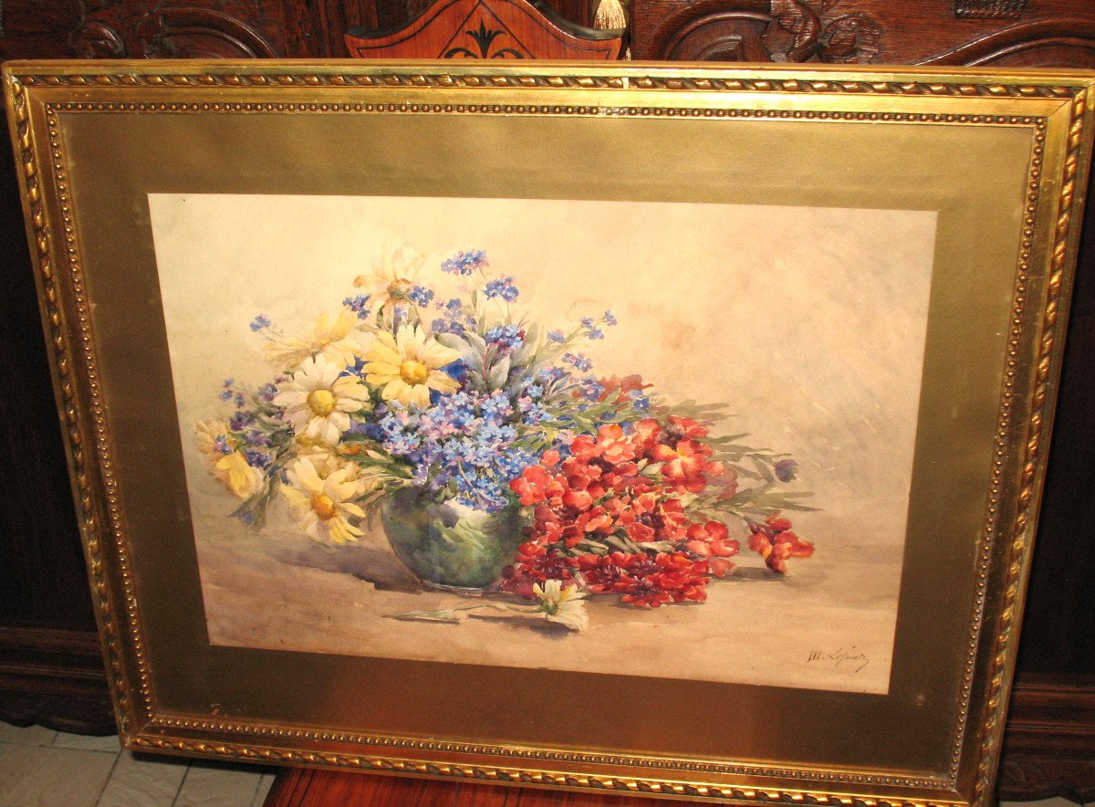 Watercolor Bouquet Of Flowers In A Vase Signed By M. Lejour, 19th Century D: 71 X 57 Cm-photo-4