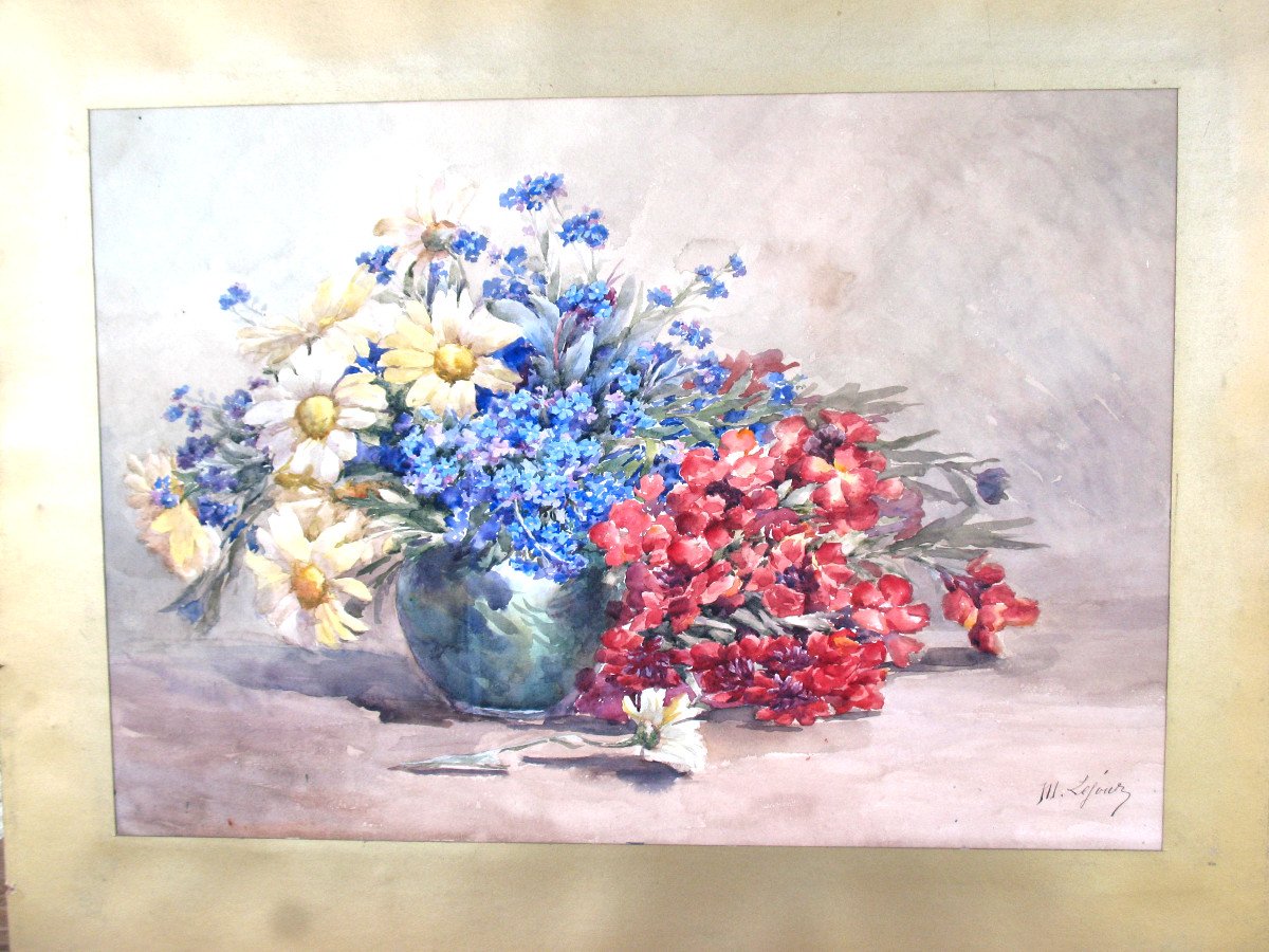 Watercolor Bouquet Of Flowers In A Vase Signed By M. Lejour, 19th Century D: 71 X 57 Cm-photo-1