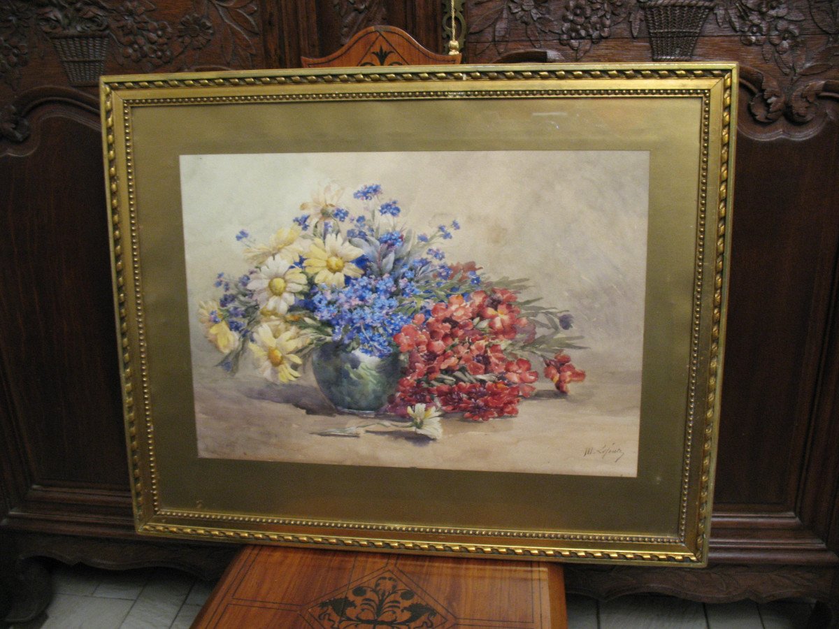 Watercolor Bouquet Of Flowers In A Vase Signed By M. Lejour, 19th Century D: 71 X 57 Cm-photo-7