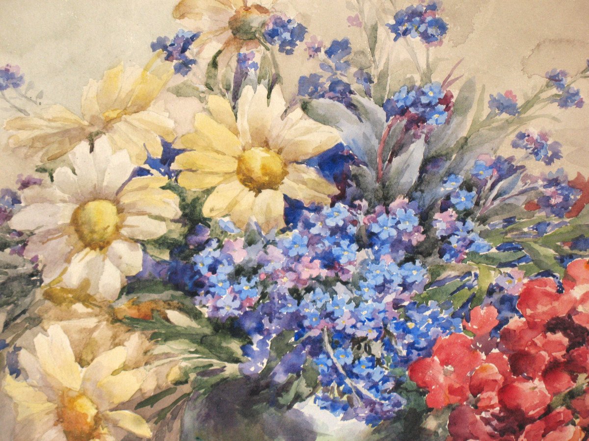 Watercolor Bouquet Of Flowers In A Vase Signed By M. Lejour, 19th Century D: 71 X 57 Cm-photo-3