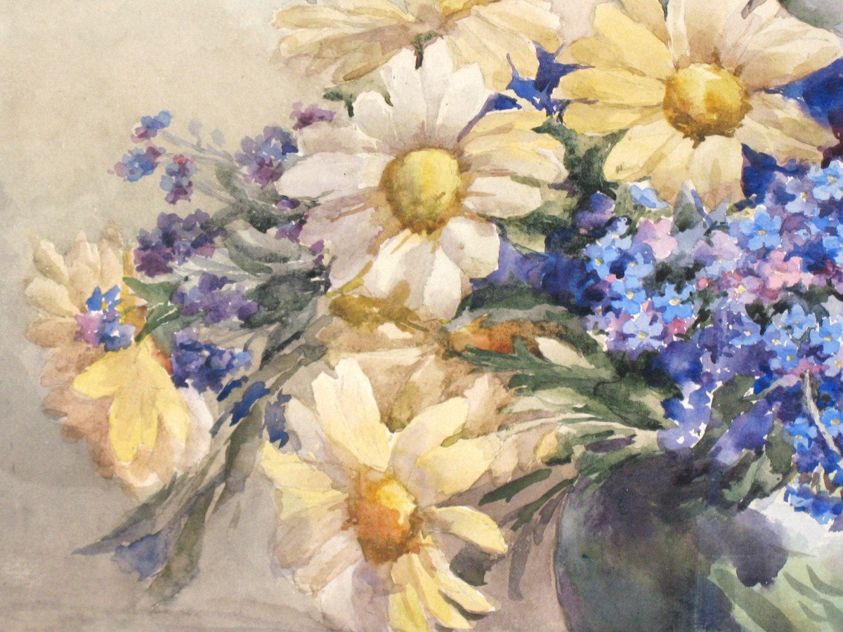 Watercolor Bouquet Of Flowers In A Vase Signed By M. Lejour, 19th Century D: 71 X 57 Cm-photo-5