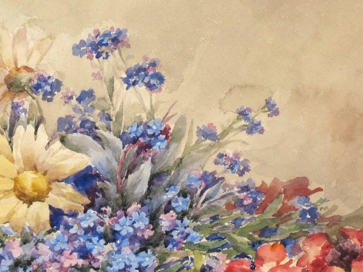 Watercolor Bouquet Of Flowers In A Vase Signed By M. Lejour, 19th Century D: 71 X 57 Cm-photo-6