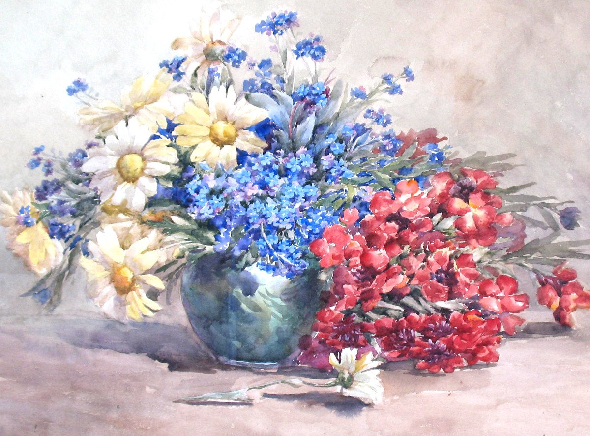 Watercolor Bouquet Of Flowers In A Vase Signed By M. Lejour, 19th Century D: 71 X 57 Cm-photo-2