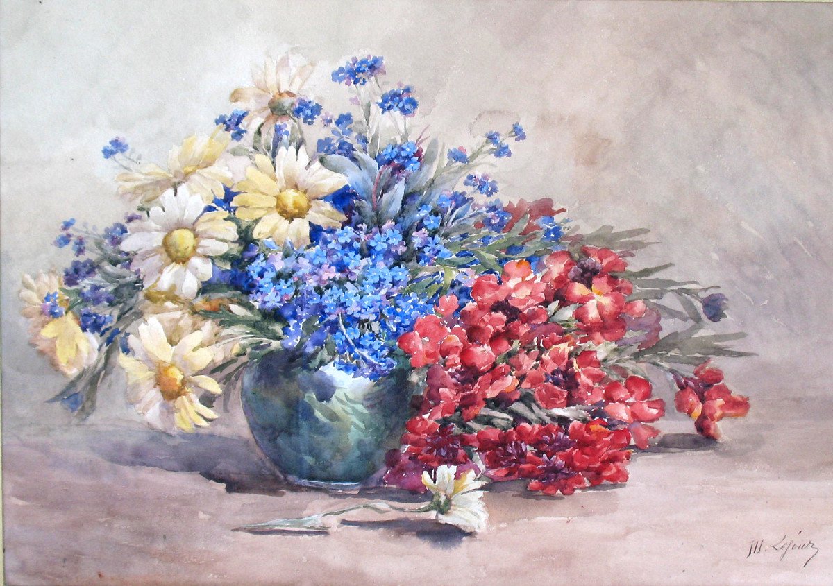 Watercolor Bouquet Of Flowers In A Vase Signed By M. Lejour, 19th Century D: 71 X 57 Cm