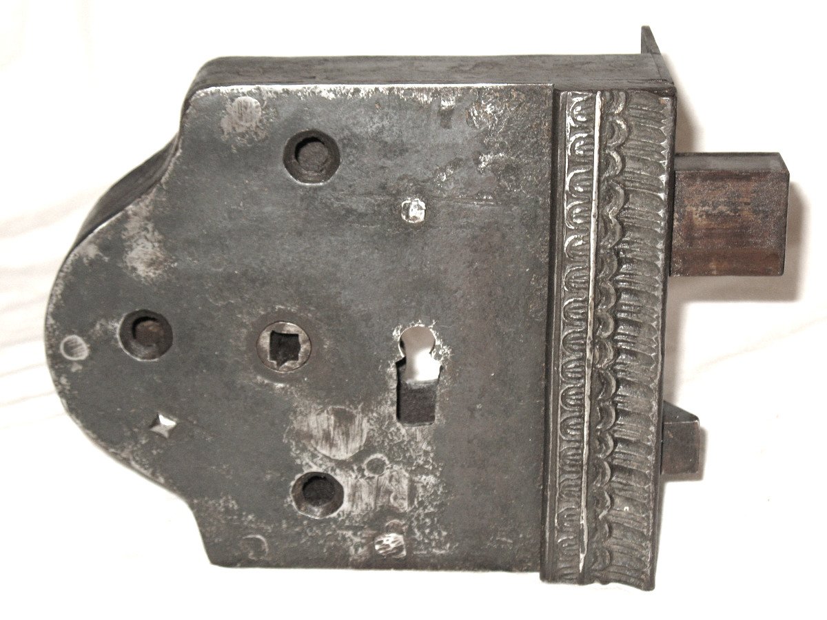 Strong Wrought Iron House Lock With Its 18th Century Key, Total Length: 41 Cm-photo-6
