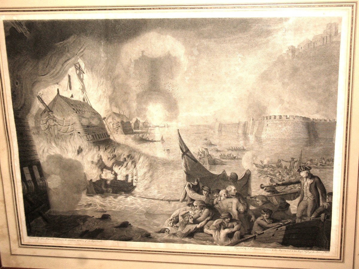 Bataille navale grande gravure anglaise de John Keyse Sherwin époque 18ème encadrée