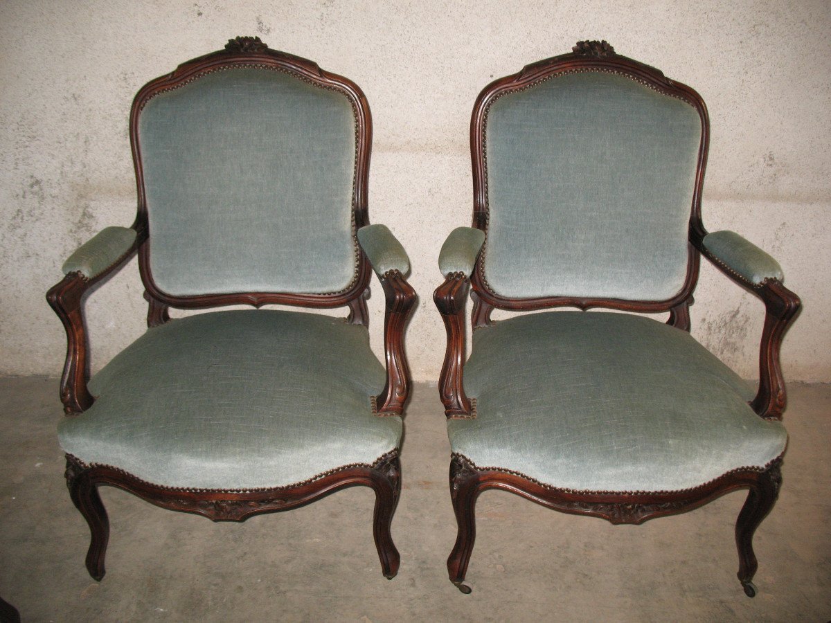 Paire de fauteuils à la Reine et de chaises en noyer  de style Louis XV époque 19ème-photo-2