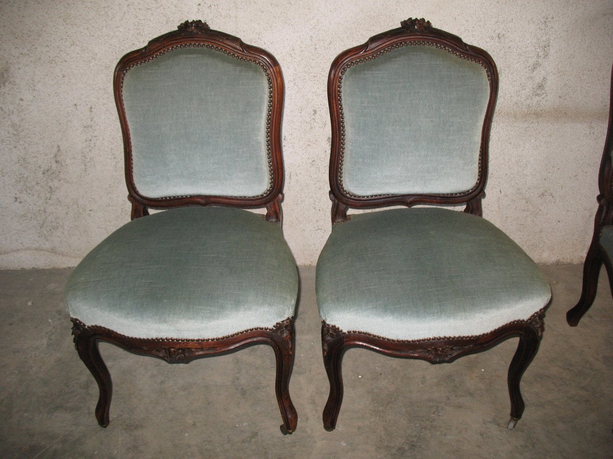 Paire de fauteuils à la Reine et de chaises en noyer  de style Louis XV époque 19ème-photo-3