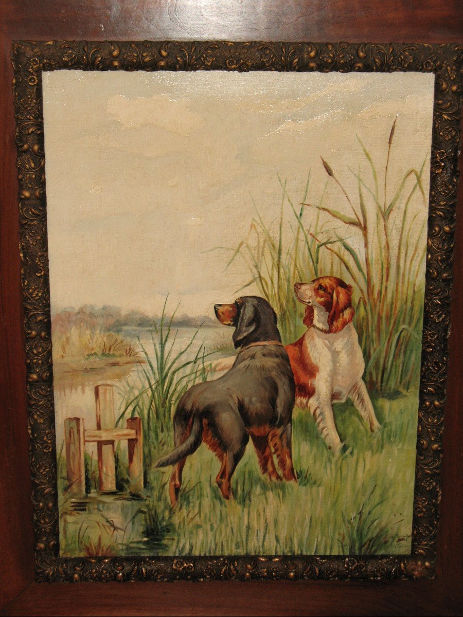 Chiens de chasse épagneuls dans les marais huile sur panneau signée-photo-2