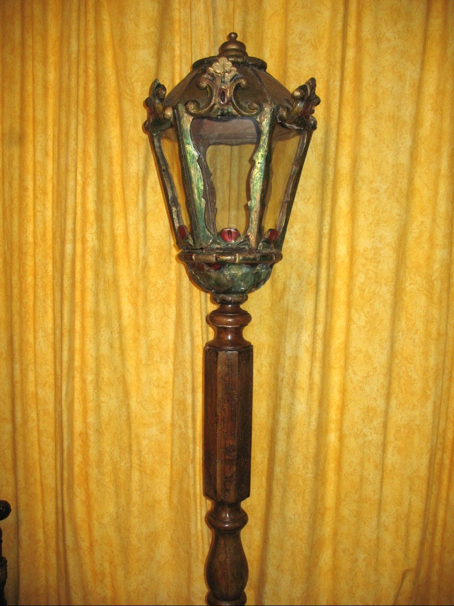 Polychrome Wooden Lantern With Its 19th Century Base-photo-2