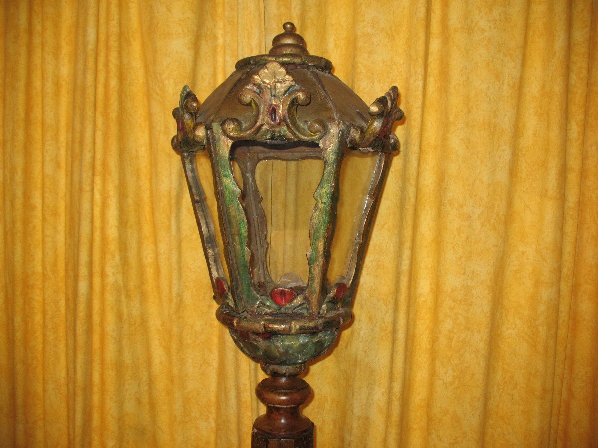 Polychrome Wooden Lantern With Its 19th Century Base-photo-3