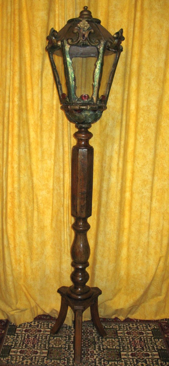 Polychrome Wooden Lantern With Its 19th Century Base-photo-1
